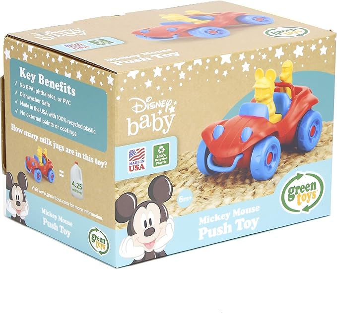 Green Toys Disney Baby Mickey Mouse Push Toy - Pretend Play, Motor Skills, Kids Toy Vehicle. Safe for Babies and Toddlers. No BPA, phthalates, PVC. Dishwasher Safe, Recycled Plastic, Made in USA.