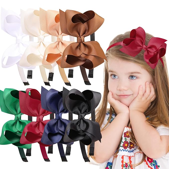 8pcs/set Girls' Big Bow Headbands, Assorted Colors Grosgrain Ribbon Hair Bows Hairbands for Baby Toddlers Kids