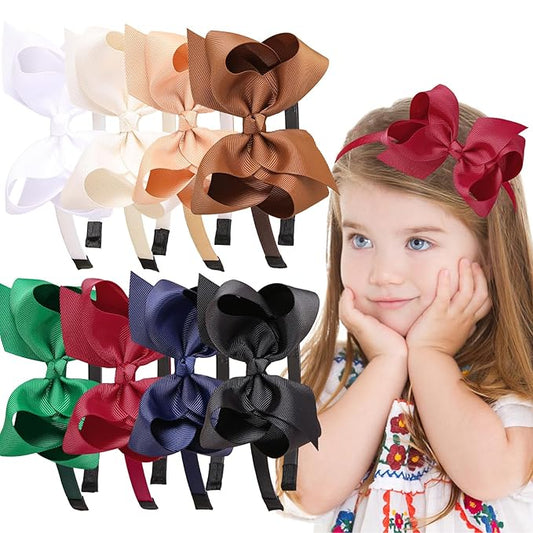 8pcs/set Girls' Big Bow Headbands, Assorted Colors Grosgrain Ribbon Hair Bows Hairbands for Baby Toddlers Kids