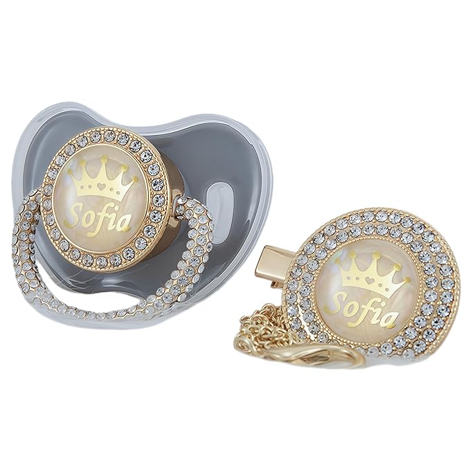 Personalized Name Anniversary All Bling Pacifier and Clip Set Gold Plated New Born Gift Photography No for Daily Use (Gray)