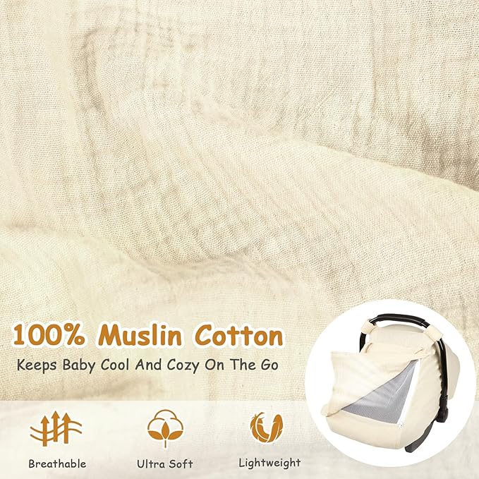 Car Seat Cover Baby, Summer Carseat Covers for Babies Girls Boys Breathable Muslin Cotton HNHUAMING Infant Car Seat Canopy with Large Mesh Window, Cozy & Windproof Newborn Stroller Cover, Apricot