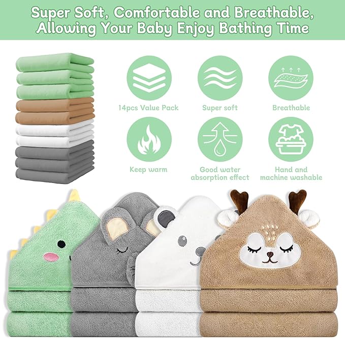 14 PCS Baby Towels Set, 4 PCS Soft Baby Hooded Towels & 10 PCS Washcloths, Baby Bath Towels for Newborns, Infants & Toddlers, Ultra Absorbent, Cute Baby Towel Gift for Boys