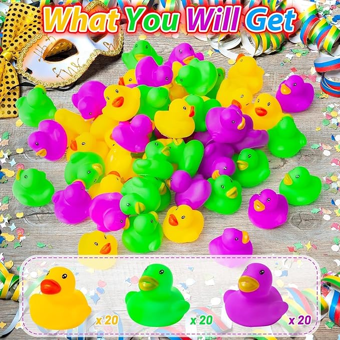 Haooryx Mardi Gras Rubber Ducks - 60Pcs Mini Bath Toys Colorful Miniatures Tiny Ducks Squeak Bathtub Float Ducky Mardi Gras Carnival Party Favors Game Reward Baby Shower Birthday Pool Party Decoration