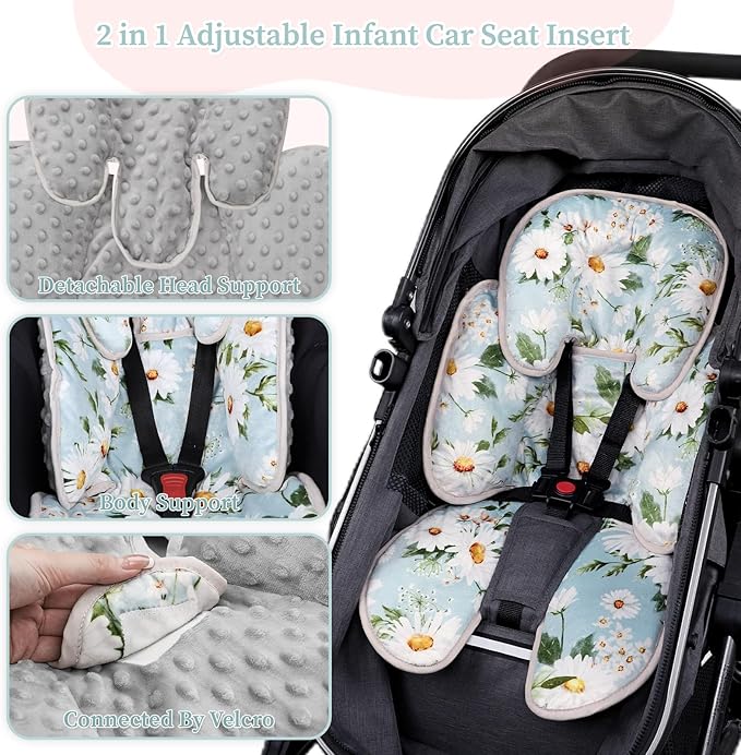 Pea Pod Infant Car Seat Insert, Baby Car Seat Head Neck Body Support, Extra Soft Newborn Carseat Insert Cushion Pad with 3D Touch Minky Dot Backing, Perfect for Car Seat, Stroller, (White Daisy)