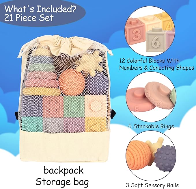 21PCS Montessori Toys for Babies,Teething Toys for Babies Months, 6 Months+, Early Educational Learning Stacking Tower, Sensory for Toddlers 1-3, Soft Rings Stacker & Teethers