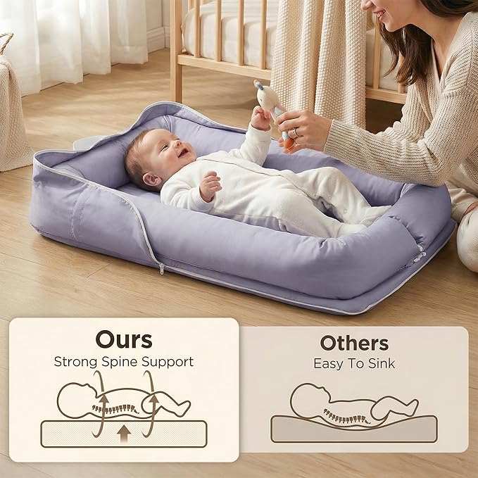 Baby Lounger for Newborn, Breathable and Soft Baby Lounger Pillow, Portable Infant Lounger with Removable Cover, Adjustable Lounger for Baby 0-12 Months, Tummy Time Baby Lounger for Home and Travel