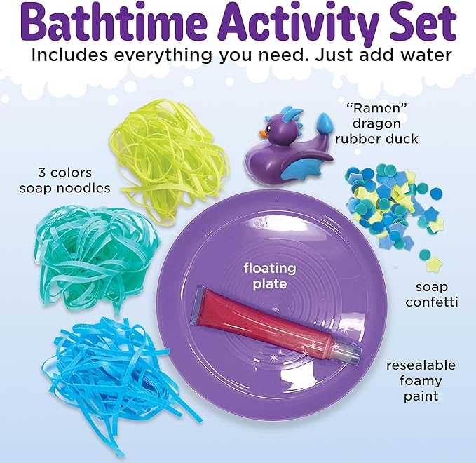 Creativity for Kids Soap Noodles Dragon’s Dinner Bath Set | Sensory Bath Toys for Kids | Mix, Layer & Play with Colorful Soap Noodles, Foamy Soap Sauce & Confetti (Ages 3+)