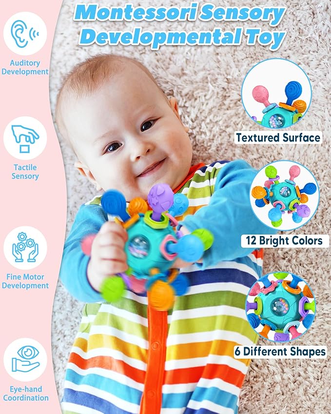 Baby Teething Toys for Babies Infants, Tummy Time Montessori Toys for Babies, Newborn Infant Rattles Chew Sensory Toys, Baby Shower Gifts for Boys