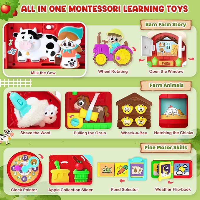 Toddler Toys for 1-2 Year Old Boys & Girls, Farm Barn Montessori Busy Board, Early Educational Toy for Kids 1-3, Motor Skills Developmental Toy for 12-18 Month, Christmas Birthday Gift for Aged 1+