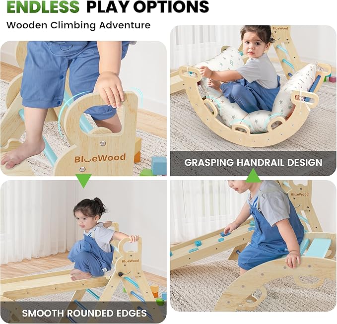 BlueWood Pikler Triangle Set with Cushion - Climbing Toys for Toddlers 9-in-1, Montessori Philosophy Play Jungle Gym with Arch, Ramp, Ladder (Blue)