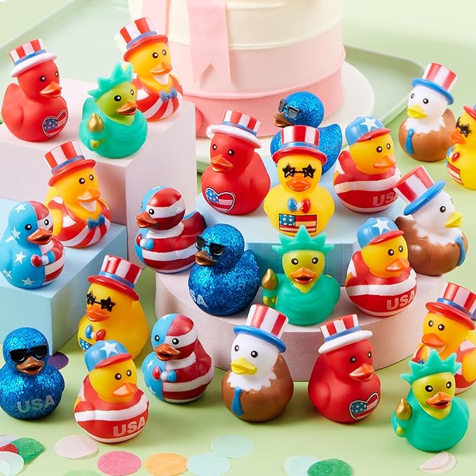 JOYIN 24 Pcs Patriotic Rubber Ducks, Red White Blue 4th of July Bulk Ducks with 8 Designs, Independence Day Duck with Flag Prints, Patriotic Party Favor Gift Bath Toy Supply for Kids Toddlers