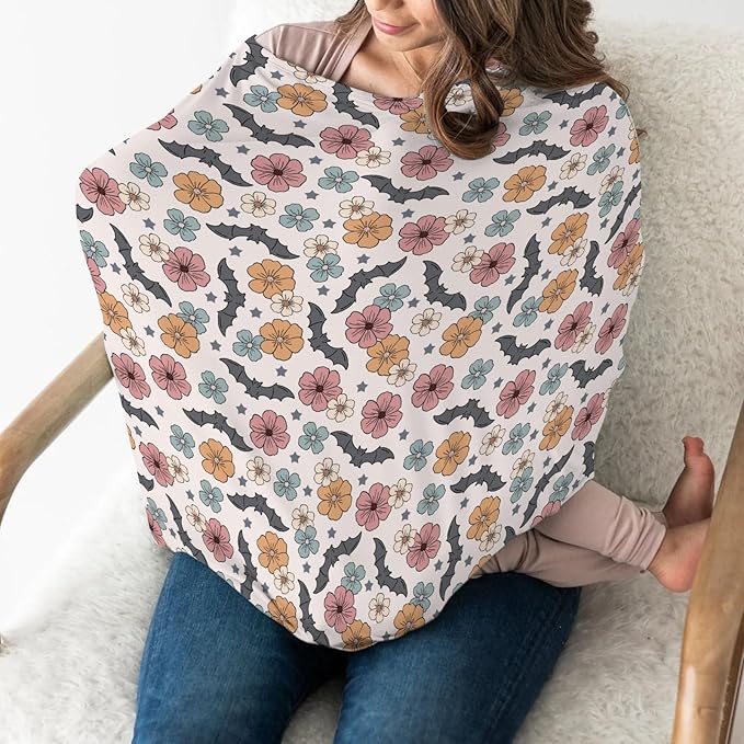 Boho Floral Halloween Bats Baby Car Seat Covers Vintage Fall Autumn Flowers Stretchy 5-in-1 Cover Adjustable Infant Carseat Canopy Cover Spooky Gothic Breathable Nursing Cover-Up