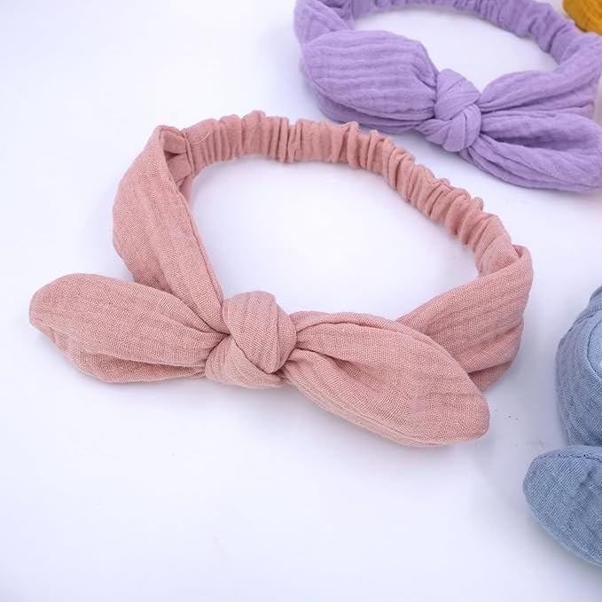 Sugarmelon Original Cotton Gauze Headband for Newborn Toddler Infant Baby Girl Kids Muslin Cotton Hair Bow Headbands Turban Elastic Hair Bands (2 pcs Dusty Pink)
