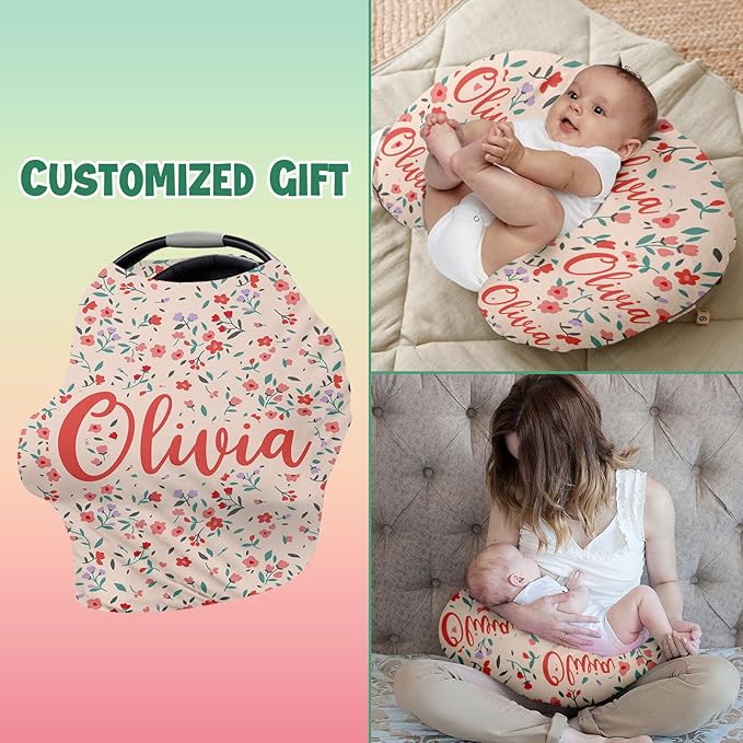 Custom Name Car Seat Canopy - Baby Car Seat Covers, Infant Stroller Cover, Red Pattern Carseat Canopy Christmas Birthday Gifts for Girls and Boys