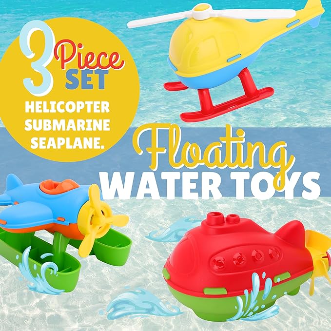 Toyland® Pack of 3 Floating Water, Bathtub, and Pool Toys for Kids 18 Months Plus - Helicopter, Submarine & Seaplane