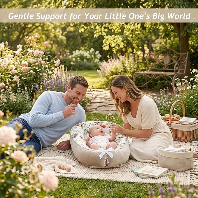 Baby Lounger for Newborn (0-24 Months)-100% Cotton Baby Nest Adjustable Size, 2-in-1 Play Mat & Diaper Changing Pad, Portable for Home&Travel, Infant Essentials Gifts(Grey-Edged Flower Bouquet)