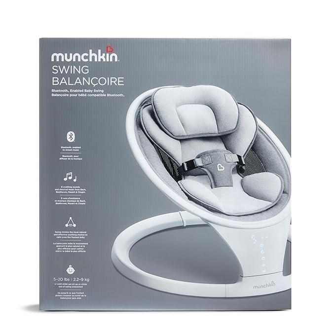 Munchkin Electric Baby Swing, Portable and Lightweight, Bluetooth Enabled Infant Rocker with Natural Sway in 5 Ranges of Motion, Newborn Nursery Essentials, White/Grey