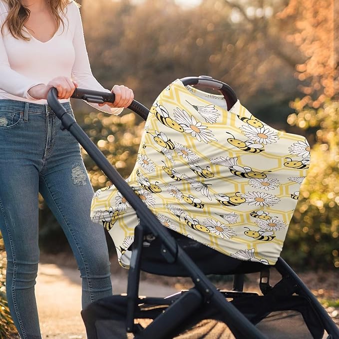 Wanyint Baby Car Seat Covers Carseat Canopy for Boys Girls, Multi-Use Nursing Breastfeeding Covers Mothers Nursing Scarf Halloween Decoration, Bee Honeycomb Daisy Yellow