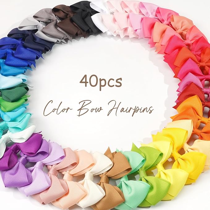 4 inch Hair Bow for Girls in 40 Colors, Grosgrain Ribbon PIgtail bows Alligator Hair Clips for Baby Girls Toddlers and Schoolgirls