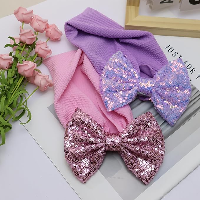 Hairband, 7" Sequin Bow Baby Headbands - Purple & Pink, Elastic Wide Hairbands for Baby Girls Newborn and Infant Hair Accessories Gift, One Size Fits All, Soft, 1 Set of 2 Pieces