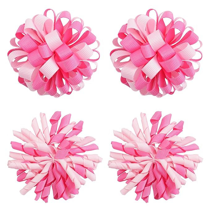 Yxiang Korker Cheer Bows Hair Clips Girls 4pcs Cute Pink & White Curly Corker Ribbon Alligator Barrettes Hair Accessories Kids Toddler Birthday Gift