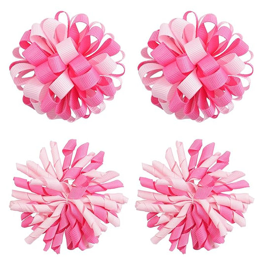 Yxiang Korker Cheer Bows Hair Clips Girls 4pcs Cute Pink & White Curly Corker Ribbon Alligator Barrettes Hair Accessories Kids Toddler Birthday Gift