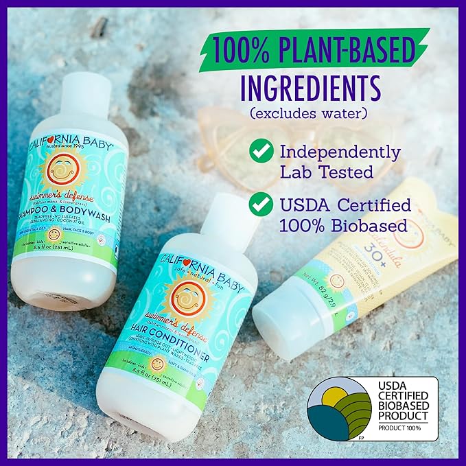 California Baby Swimmer’s Defense Baby Wash + Baby Shampoo | After Swim Hydrating Shampoo | 100% Plant-Based | Gentle Chlorine Removal | 8.5 oz