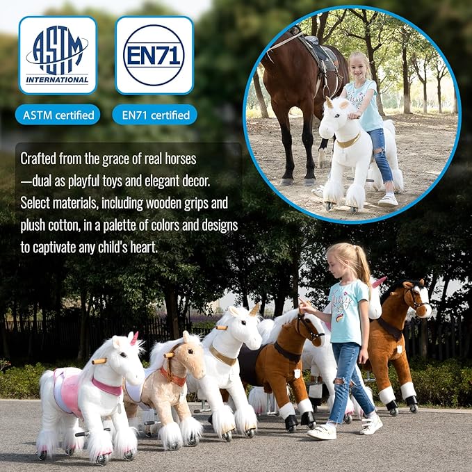 UFREE Ride on Horse, Horse Ride on Toy, Mechanical Horse, Plush Animal, Black Mane and Tail, Age 4-9