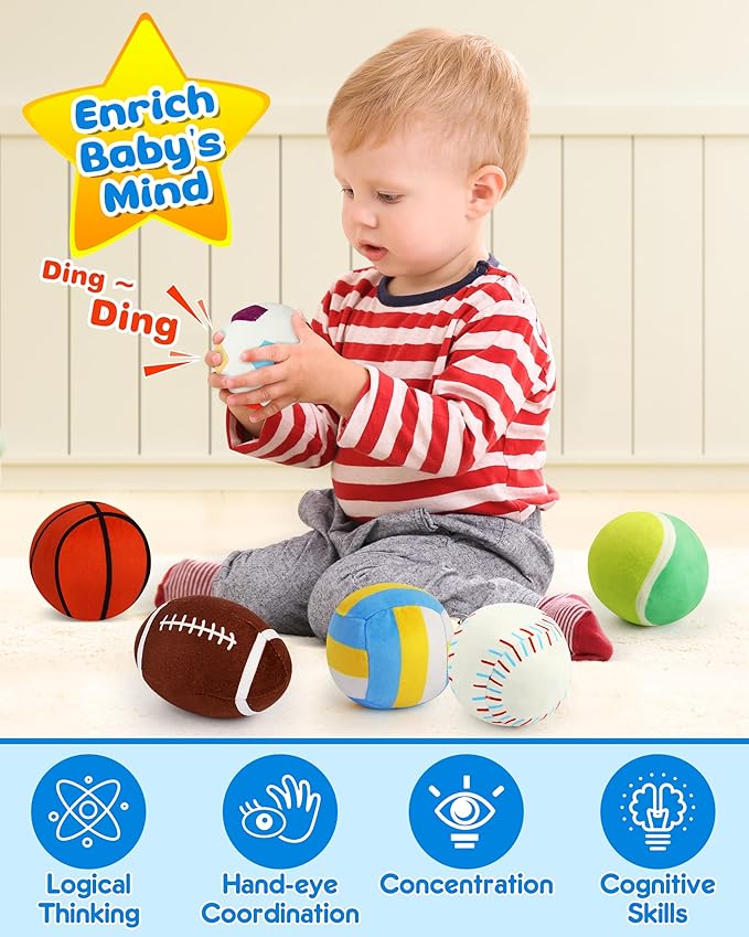 Vanmor Sensory Sports Balls for Babies 6-12M+, 6 Pack Machine Washable Plush Ball Set with Crinkle, Rattles, Squeaky Sounds, Toddler Learning Toys with Travel Bag, Baby Shower Birthday for Newborn