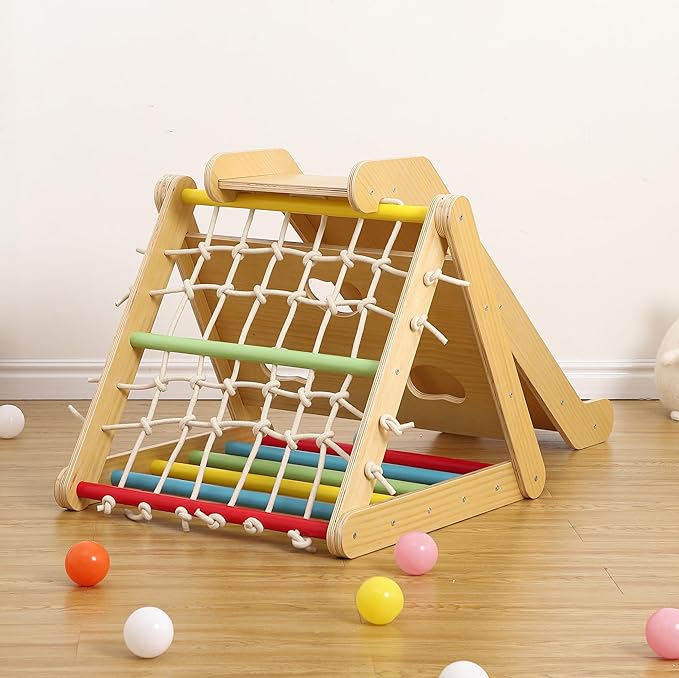 Toddler Indoor Gym Playset, 2 in 1 Wooden Climbing Toys, 3-Sided Wooden Triangle Climber with Climbing Net,Sliding Ramp, Sandbags & Board for Kids Boys Girls Indoor Gym Playset Gift,Home & Daycare