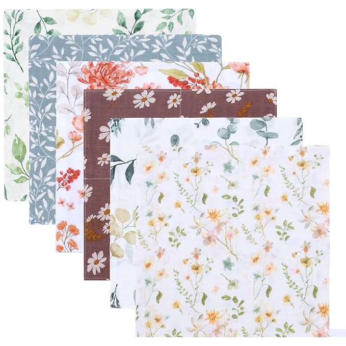 LifeTree Baby Muslin Washcloths, Soft 6 Pack Baby Wash Cloths Unisex for Boys Girls, 70% Viscose from Bamboo and 30% Cotton Bath Face Towels, Bibs for Newborn with Sensitive Skin, 10.6x10.6 inches