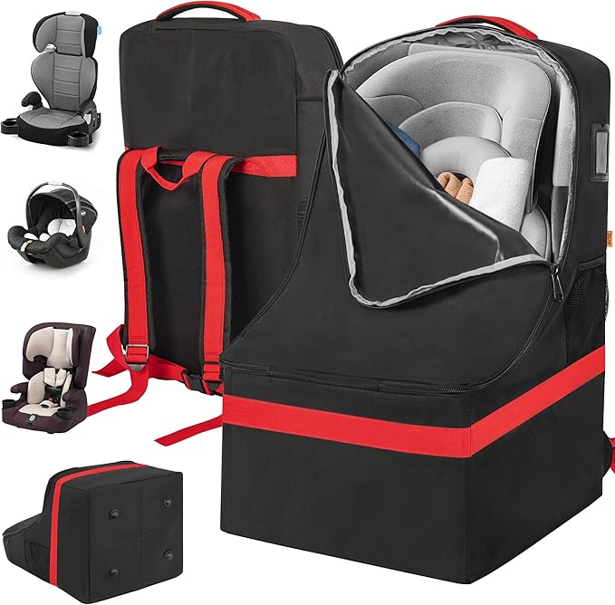 IBVIVIC Padded Car Seat Travel Bag for Airplane, Heavy Duty Car Seat Bag for Air Travel Gate Check Carseat Carrier Bag with Shoulder Strap, Fits Most Baby & Infant Car Seats (Black&Red)