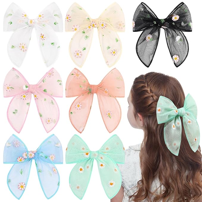 TOKUFAGU 7PCS Hair Bows for Girls, Tulle Daisy Hairs Barrettes Colorful Alligator Clips Wedding Hair Accessories for Girls Infants Toddler Teens Women Party