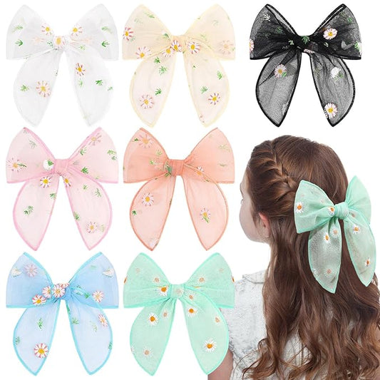 TOKUFAGU 7PCS Hair Bows for Girls, Tulle Daisy Hairs Barrettes Colorful Alligator Clips Wedding Hair Accessories for Girls Infants Toddler Teens Women Party