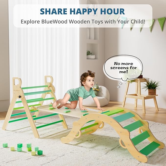 BlueWood Pikler Triangle Set, Toddler Wooden Climbing Toys Indoor 7in1 Foldable Climber for Kids, Montessori Philosophy Play Jungle Gym with Arch, Ramp, Ladder (Green Summer)