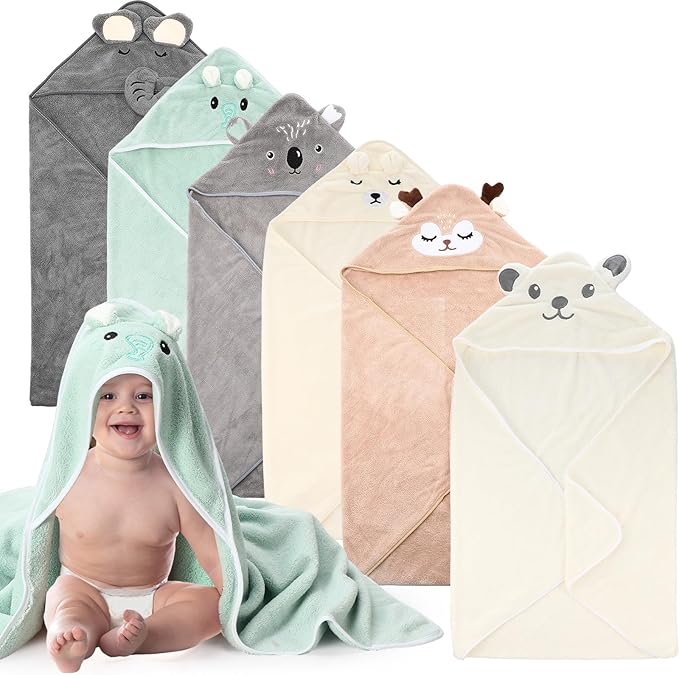 SmoothNovelty 6 Pack Baby Hooded Towels Infants and Toddlers Coral Fleece Baby Bath Towels 31.5 x 31.5 Inch Absorbent Cute Soft Newborn Bath Essentials Gifts for Boys & Girls(Multicolor,Classic)