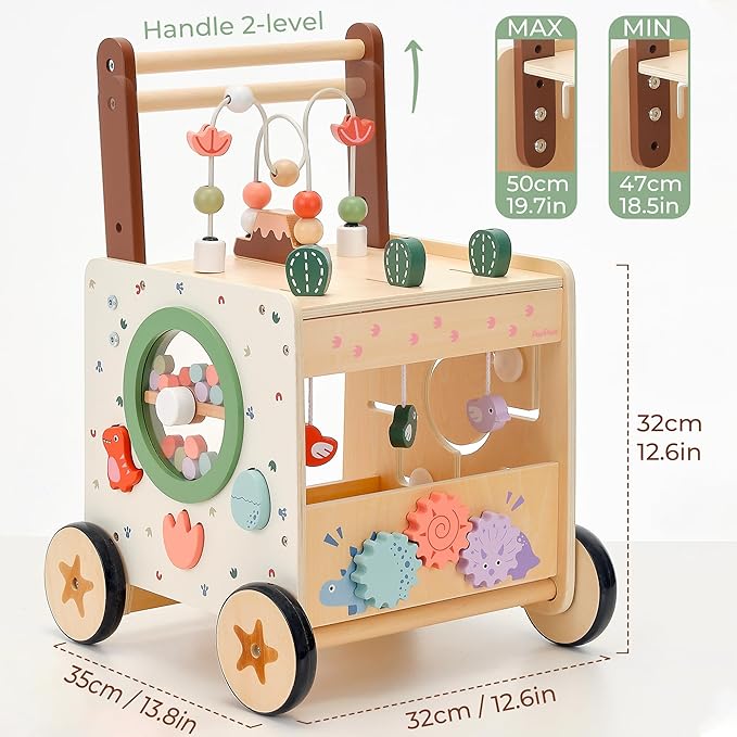 PairPear Wooden Activity Cube Push Walker, 6 in 1 Wooden Baby Walker Montessori Toys for Baby Boys & Girls 12M+, Adjustable Speed Push Cart with Brake Activity Center Toys Learning to Walk