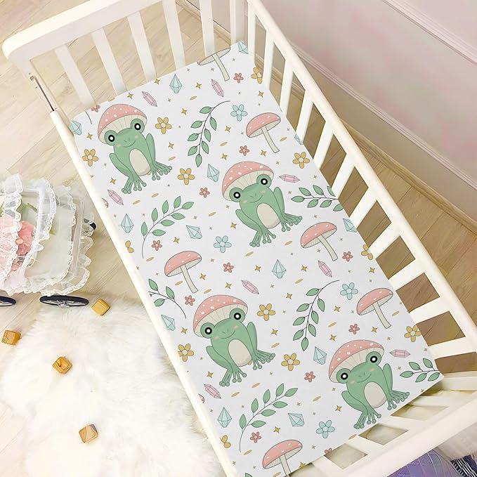 Cute Frog Mushrooms Leaves Fitted Crib Sheets Stretchy Portable Playard Sheets for Baby Toddler, Breathable Soft Mini Crib Mattress 52 x 28 in for Boys and Girls