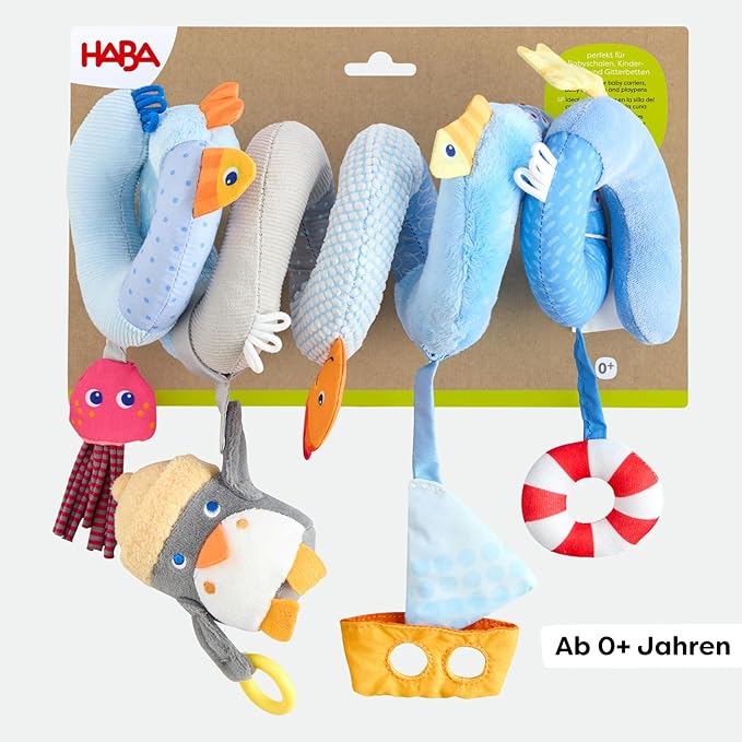 HABA Penguin Activity Spiral Car Seat Toy & Stroller Toy for Babies 0-18 Months, Soft Plush Baby Travel Gear with Crinkle, Rattle & Detachable Penguin