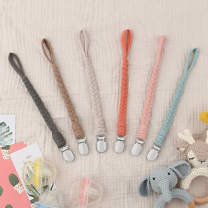 Pacifier Clip for Boys and Girls, Handmade Braided Cotton Baby Pacifier Holder Leash Smoother Clip Fits All Pacifiers Modern Unisex Baby Shower Set 6 Pack