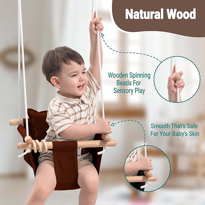 Baby Swing Outdoor and Indoor - Canvas Baby Swing 6 Months to 3 Years, Durable Baby Swing Chair, Indoor Baby Swing, Outdoor Baby Swing, Full Set of Ceiling Screws (Brown)