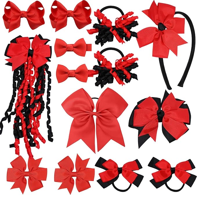 School Hair Accessories Set 14 Pcs Uniform Hair Bow Headband Clips Hair Ties Curly Korker Bows for Little Toddler School Girls (Red Black)