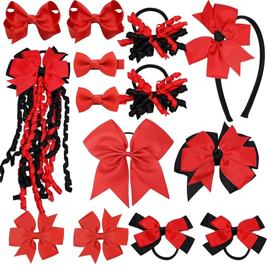 School Hair Accessories Set 14 Pcs Uniform Hair Bow Headband Clips Hair Ties Curly Korker Bows for Little Toddler School Girls (Red Black)