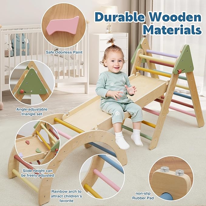 Foldable Pikler Triangle Climbing Set Wooden 7 in 1 Montessori Climber Toys for Toddlers 1-3 Baby Jungle Gym Indoor Slide Playground with Ramp/ Arch/ Ladder Large Kids Activity Center Boy & Girl Gift