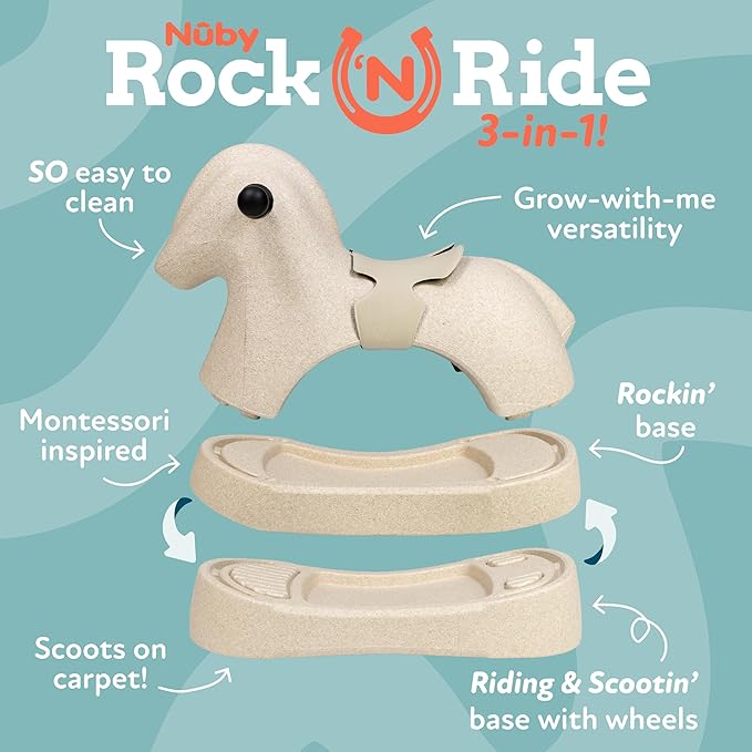 Nuby Rock 'N Ride Rocking Horse for Kids - Ride, Rock & Scoot Toy for Indoor & Outdoor Play - Balance & Coordination Development Toy - Ages 12+ Months - Beige Horse