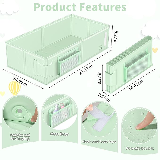 YomauiYee Baby Bathtub Green, Converts Shower to Tub, Foldable Toddler Tub with Rinse Cup, No Assembly Easy to Clean, Portable Collapsible Bath Tub for 6M-5Y, Travel Camping Hotel