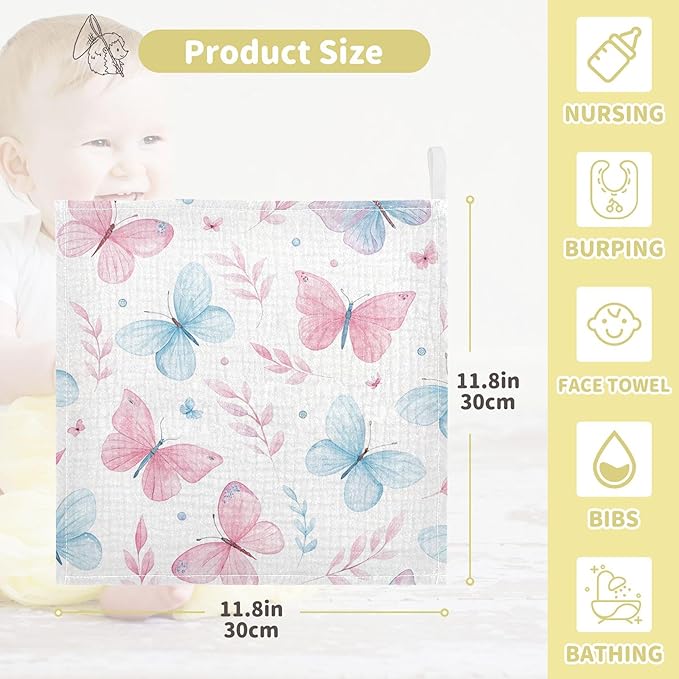 Burbuja Cute Butterflies Baby Washcloths - Muslin Cotton Soft Absorbent Baby Towel for Newborn Baby Sensitive Skin - Baby Essential Item, 12x12 in, 5 Pack