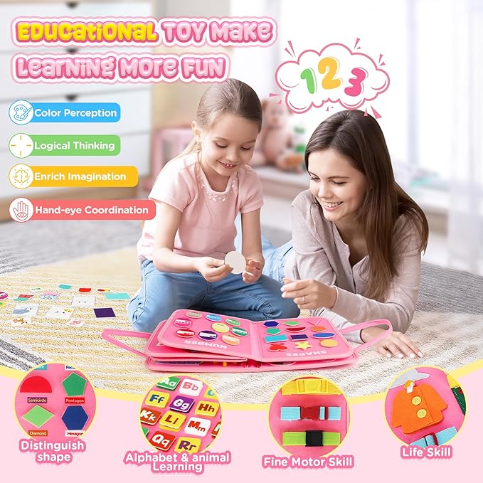 URMYWO Busy Board - Montessori Toys for 1 2 3 4 Year Old, Busy Book Toddler Activities with Fine Motor Skills, Autism Sensory Toys Gifts for Boys Girls, Travel Toys for Road Trip Plane Car (Pink