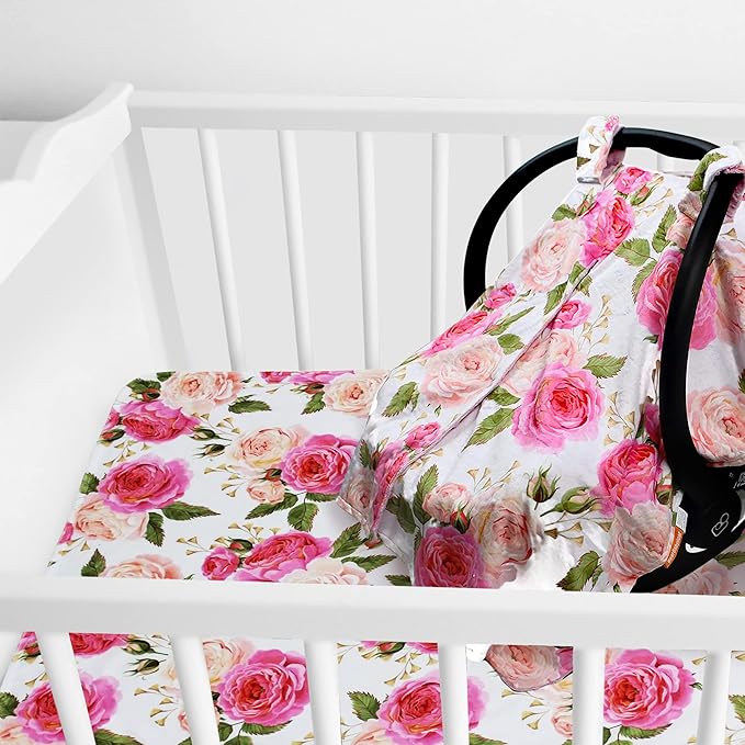Dear Baby Gear Car Seat Cover for Boys & Girls - Baby Carseat Canopy w/Snap Opening - Infant Seat Cover - Stroller & Nursing Covers - Newborn Carrier Canopy - 40x30 (Pink Rose - Pink Dot)