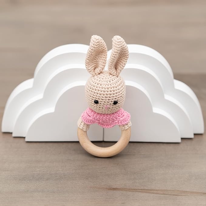 Handmade Cotton Crochet Amigurumi Rattler, Educational Baby Rattle for Teething Infants, Ideal Baby Boy Stuff, Unique Baby Stuff for New Moms, Crochet Cream Bunny Rattle Design
